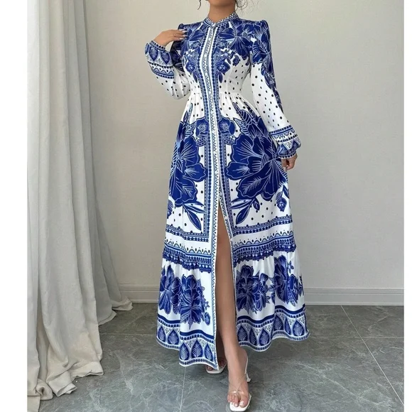 Boho Floral Print Puff Long Sleeve Button Down Frill Neck Maxi Dress - Picture 4 of 5